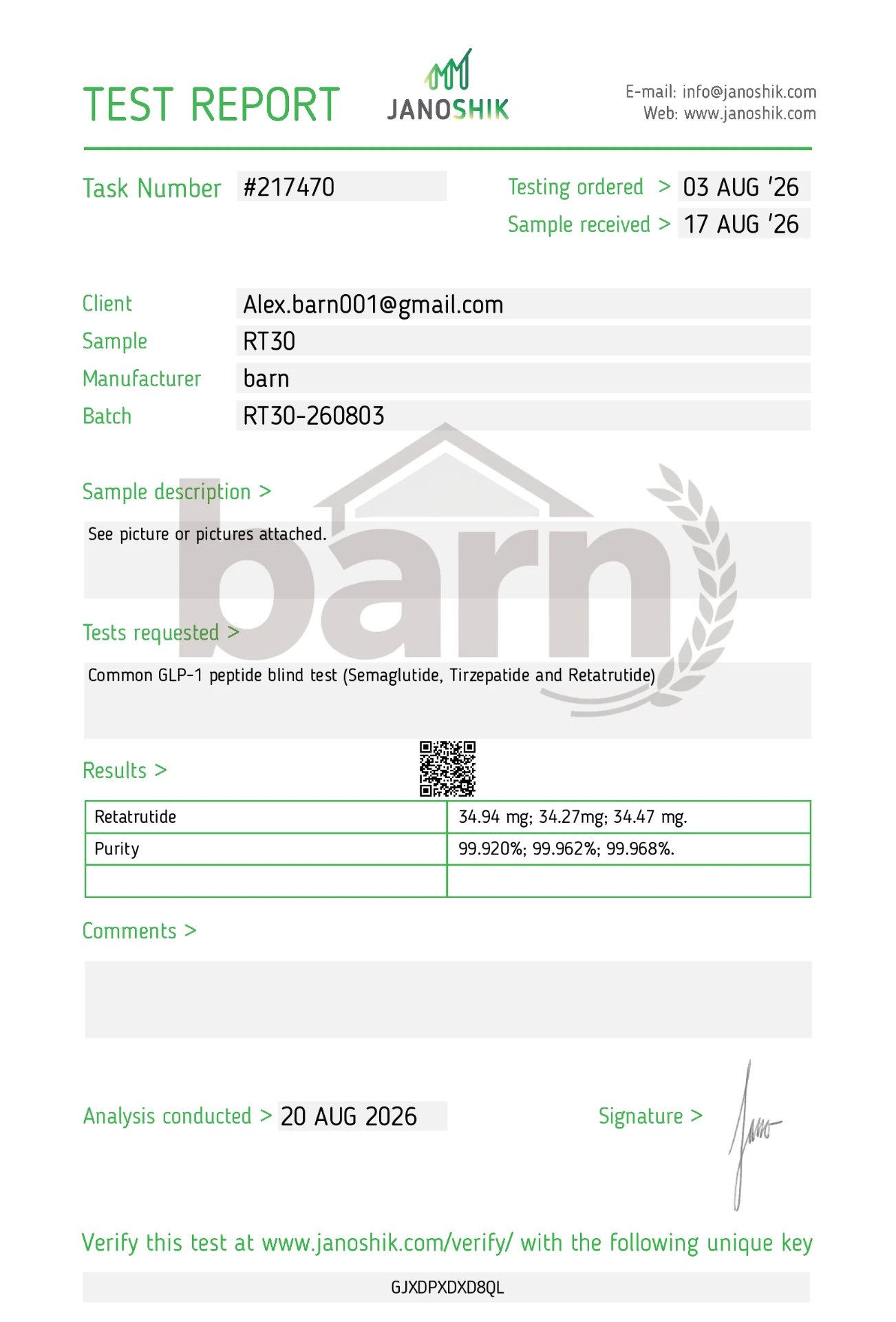 GLP3 30 mg certificate of analysis